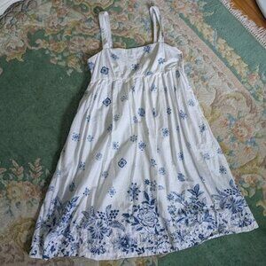 GAP Women Sz 12 Dress Floral White Blue Block Print Lined Pockets Pintuck Zipper